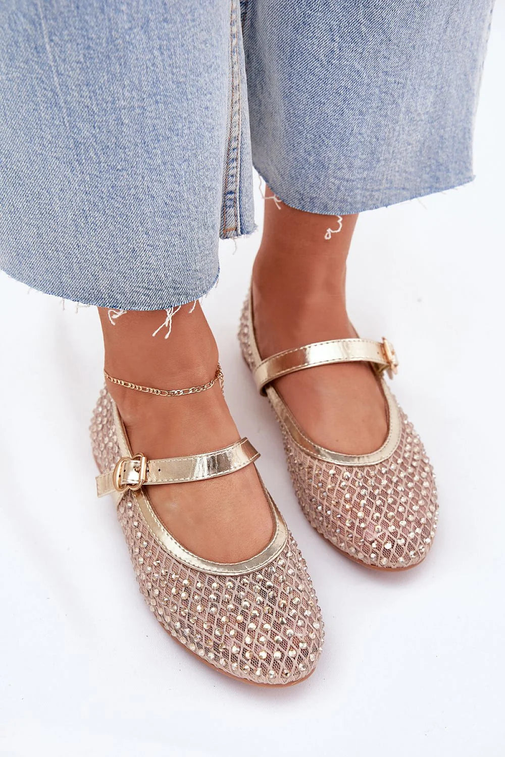 ballerines maryjane rose métallisé mesh tressage losange strass scintillants bride réglable boucle dorée bout arrondi talon plat confort intemporelle