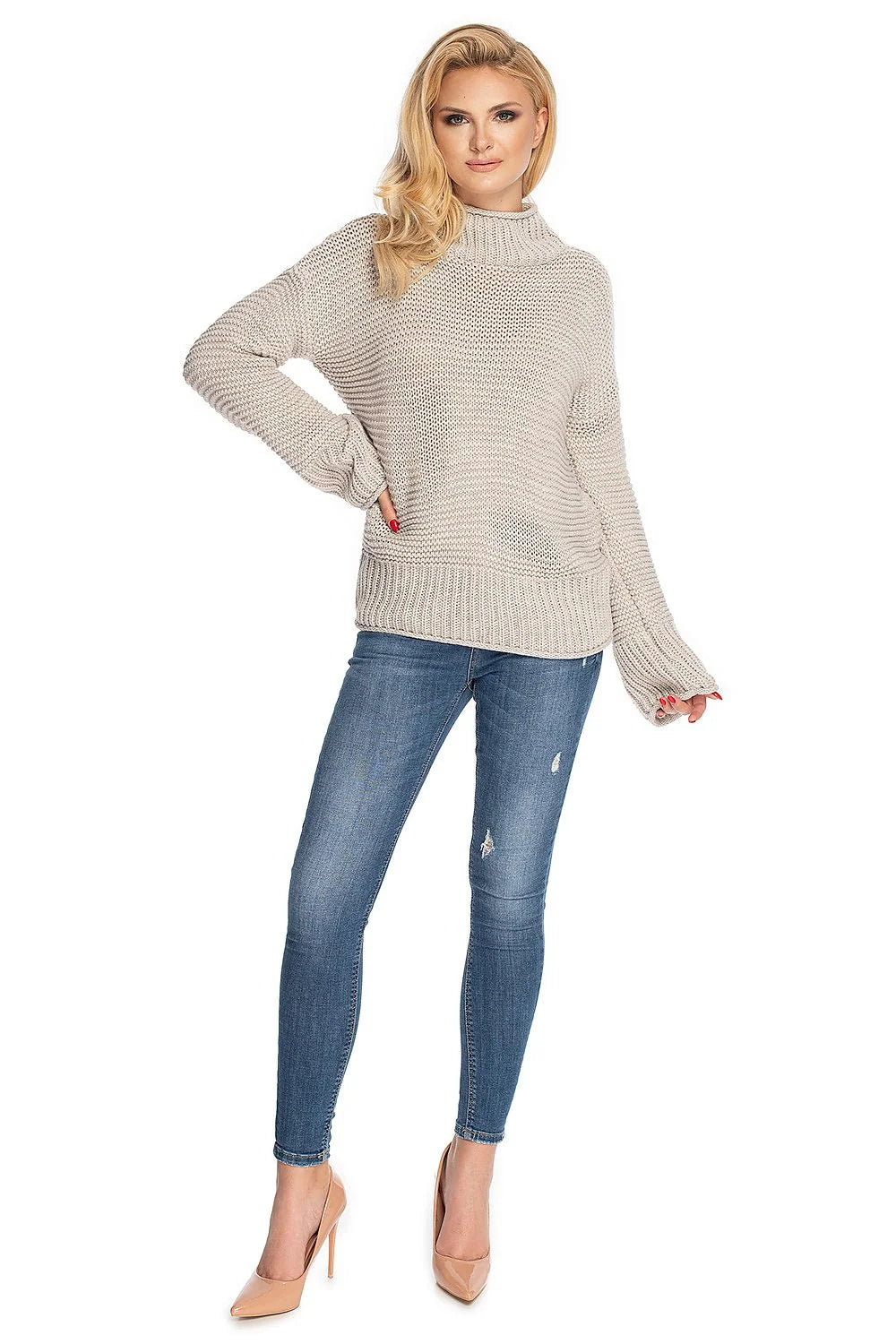 Pull en maille femme col roulé manches amples beige clair tricot épais côtelé qualité supérieure