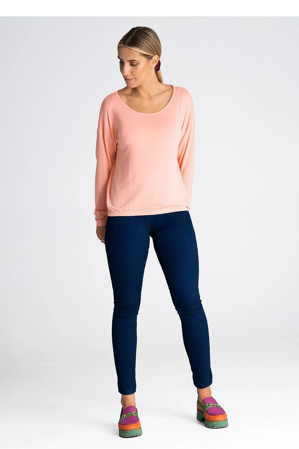 Chemisier femme style décontracté manches longues col rond coupe ample elastique bas rose pastel
