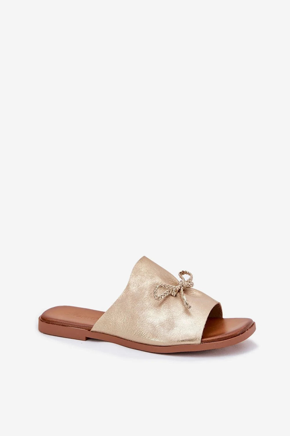 sandales femmes similicuir doré métallisé plates mules ouvertes bout découvert tige large nœud tressé slipon semelle brun rembourrée confortable