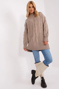 Pull long pour femme élégant manches longues col montant texture torsade couleur taupe matelassé