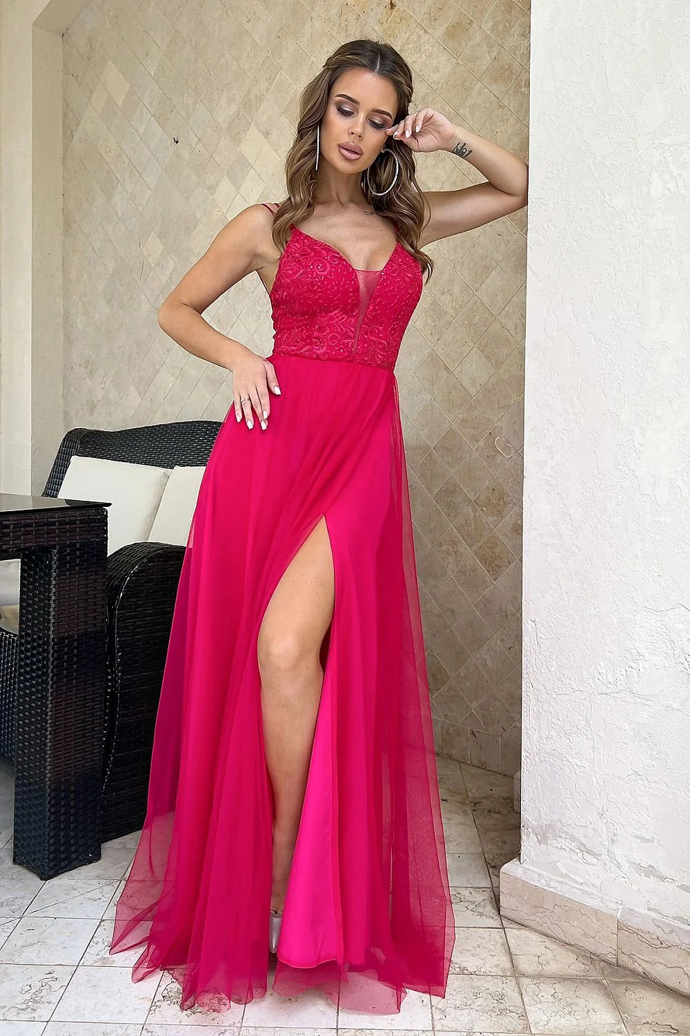 Robe longue Bicotone élégante dentelle fuchsia V-neck tulle fente dos invisible soirée mariage femme