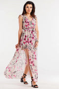 Robe de jour awama en mousseline fleurie rose et noire taille ajustable sans manches encolure en V avec ceinture et volant femme