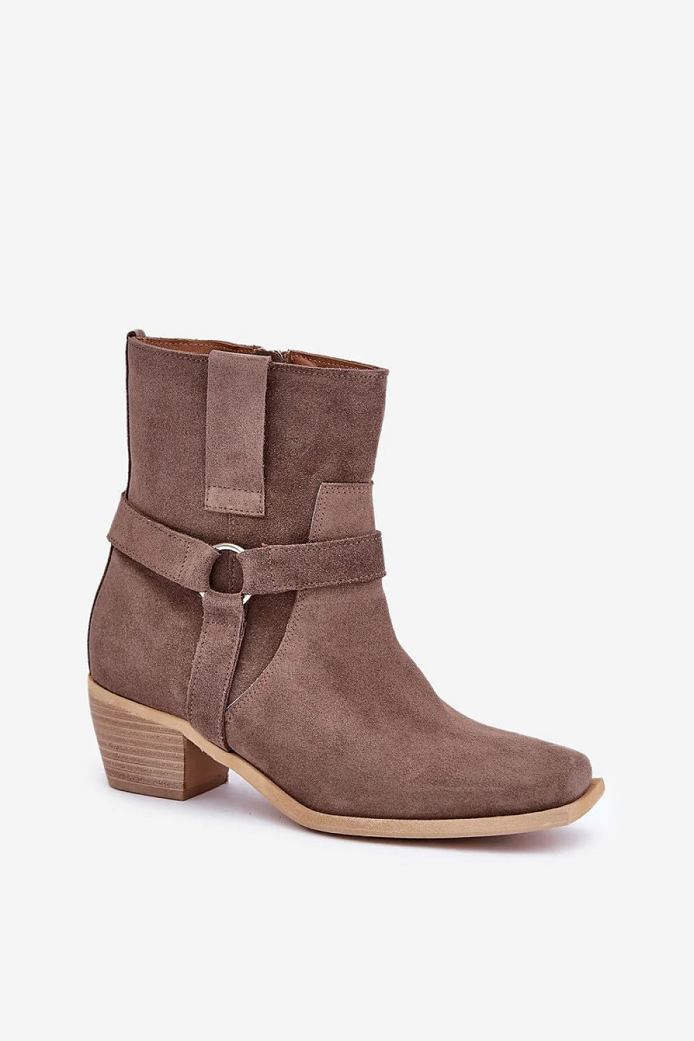 Bottes féminines en suédine taupe design moderne talon bois occasionnels hiver automne style chic décontracté