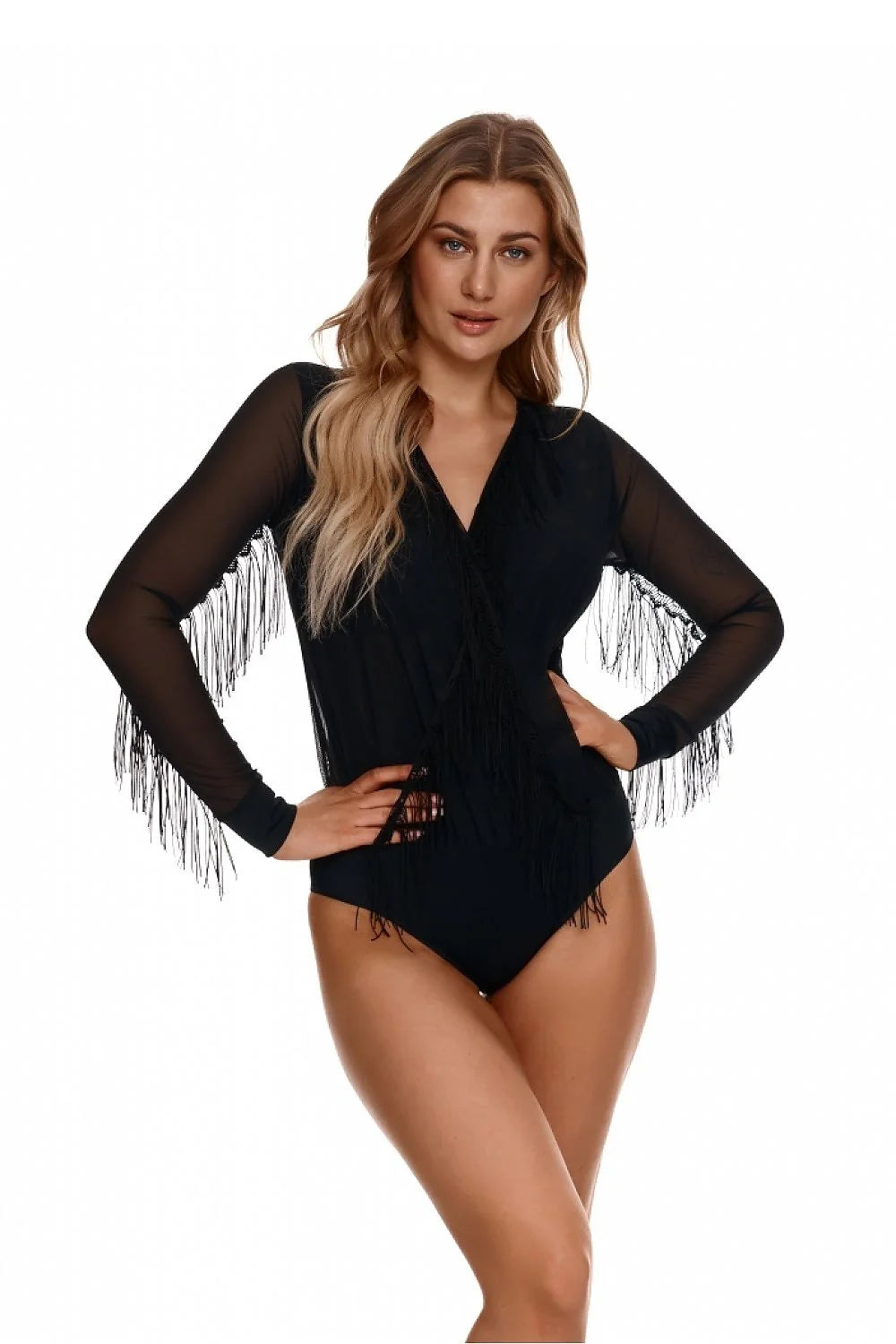 Body Lupo Line élégant pour femmes longues manches transparentes franges noires tissu nylon mesh coupe ajustée soirée