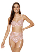 Ensemble de lingerie féminine élégant dentelle rose pâle corset jarretelles ajustables soutien-gorge demi-couvrant culotte tanga femmes