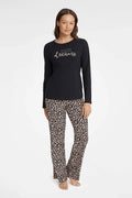 Pyjama Henderson femme deux pièces haut manches longues pantalon taille élastique couleur noire imprimé rêveux