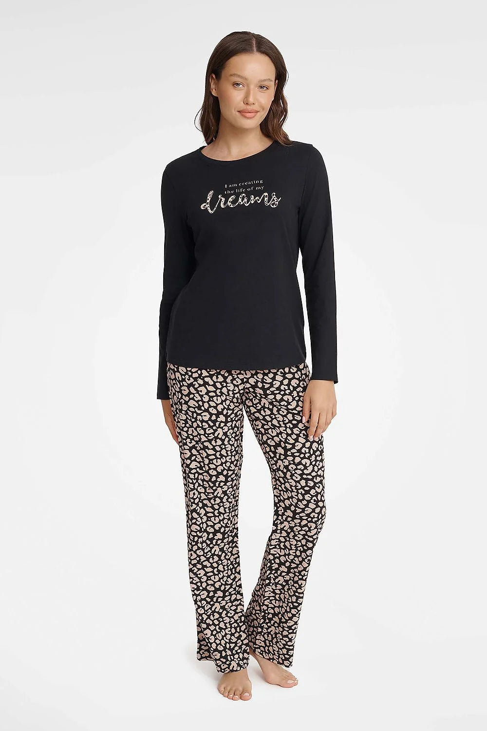 Pyjama Henderson femme deux pièces haut manches longues pantalon taille élastique couleur noire imprimé rêveux