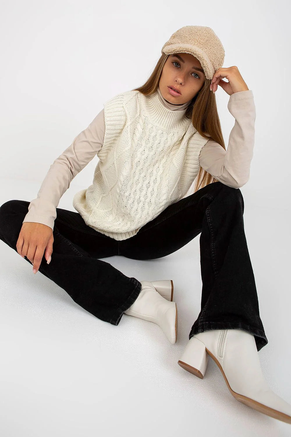 Gilet Sublevel sans manches maille tricotée carreaux style urbain veste acrylique 100% femmes taille ajustable coupe structurée