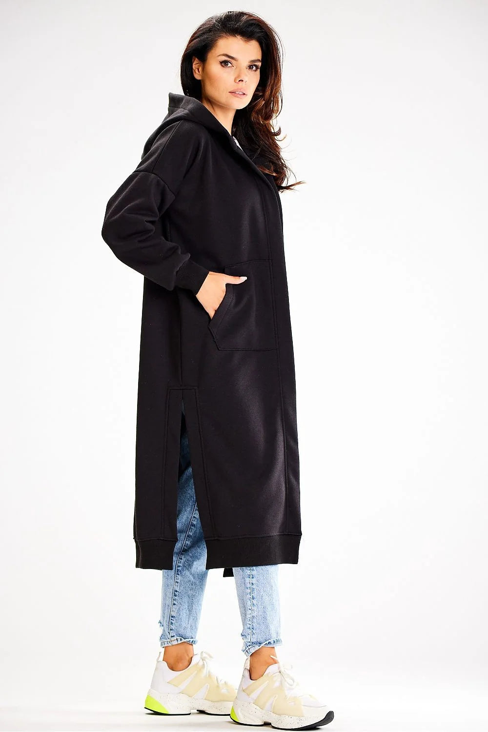 sweatshirt awama femme oversize long capuche poches plaquées coton élasthanne noir molleton épaules tombantes manches longues poignets côtelés