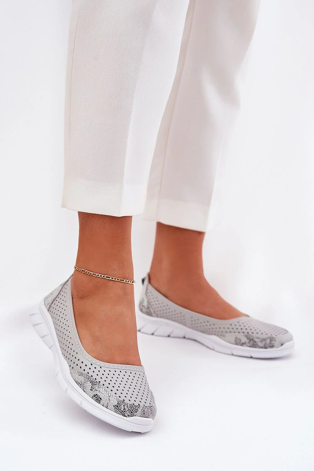 Ballerine Femme Mode Casual Design Élégant Tissu Perforé Semelle Caoutchouc Grise Floral Print Perfect Daily Shoes