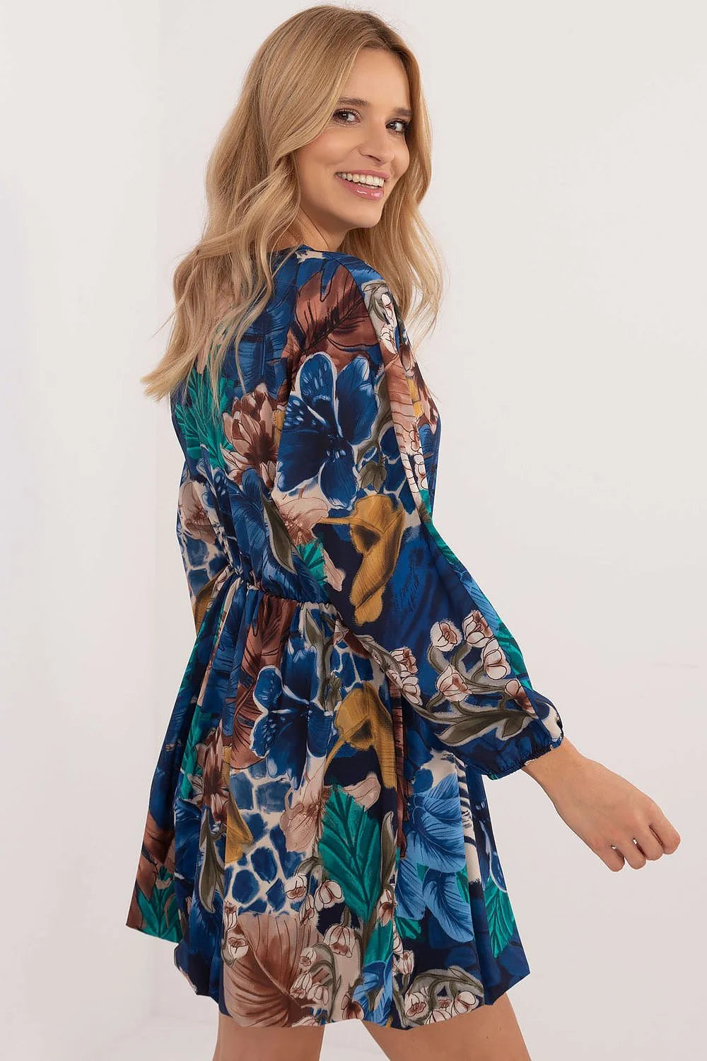 Robe de jour Italy Moda pour femme style tendance coupe évasée imprimé floral manches longues taille élastiquée confort