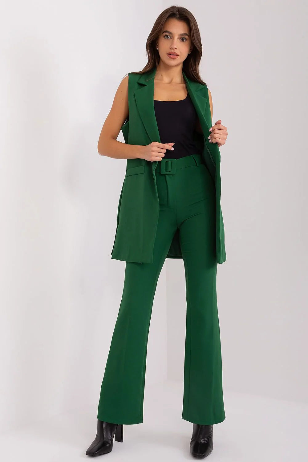 Ensemble trois pièces femme veste blazer vert top noir pantalon large Italy Moda polyester occasionnels soirées professionnelles