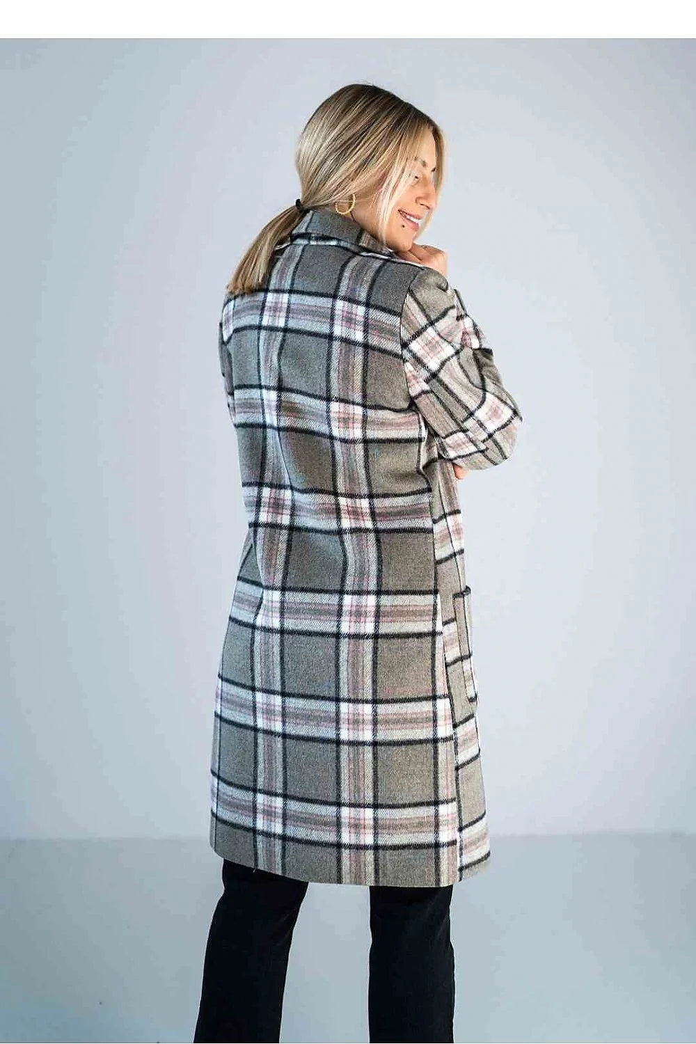 Manteau pour femme élégant à carreaux gris beige noir rose pâle col veste fermeture boutons nylon polyester taille ajustable longueur genou