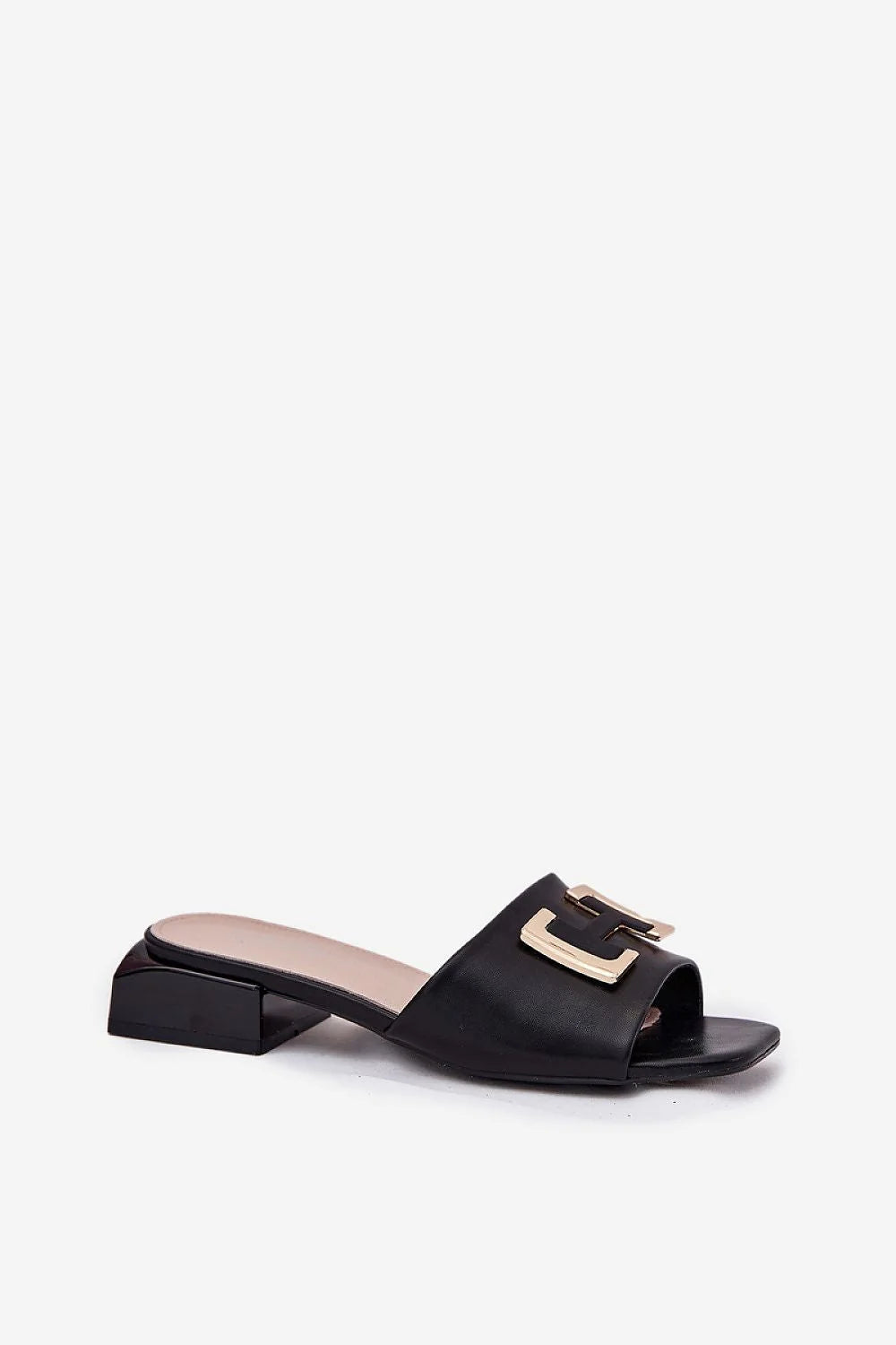Mules femme élégantes style moderne cuir noir talon carré doré semelle intérieure rembourrée Vinceza