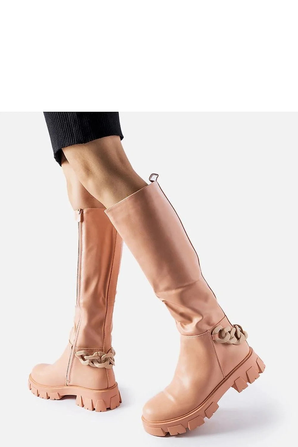 Bottes hautes cuir synthétique modernes élégantes beige avec fermeture éclair chaîne et semelle épaisse
