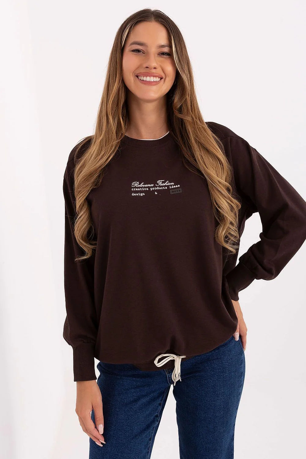 sweatshirt femme oversize chocolat molleton doux col manches longues poignets côtelés cordon serrage contrastant imprimé confortable