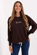 sweatshirt femme oversize chocolat molleton doux col manches longues poignets côtelés cordon serrage contrastant imprimé confortable