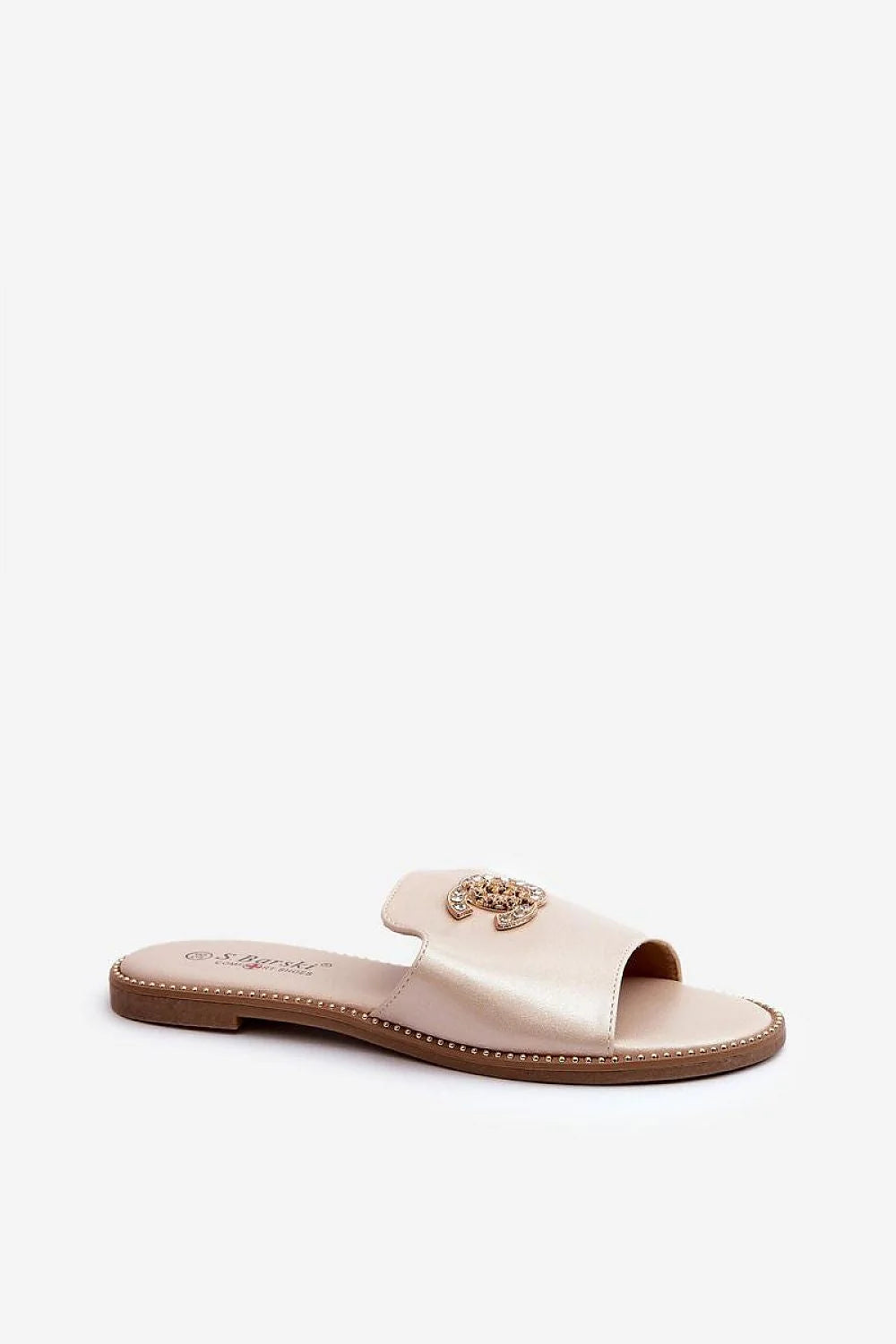 Sandales élégantes ouvertes femmes cuir artificiel doré strass détails plateau perlé beige occasion estivale