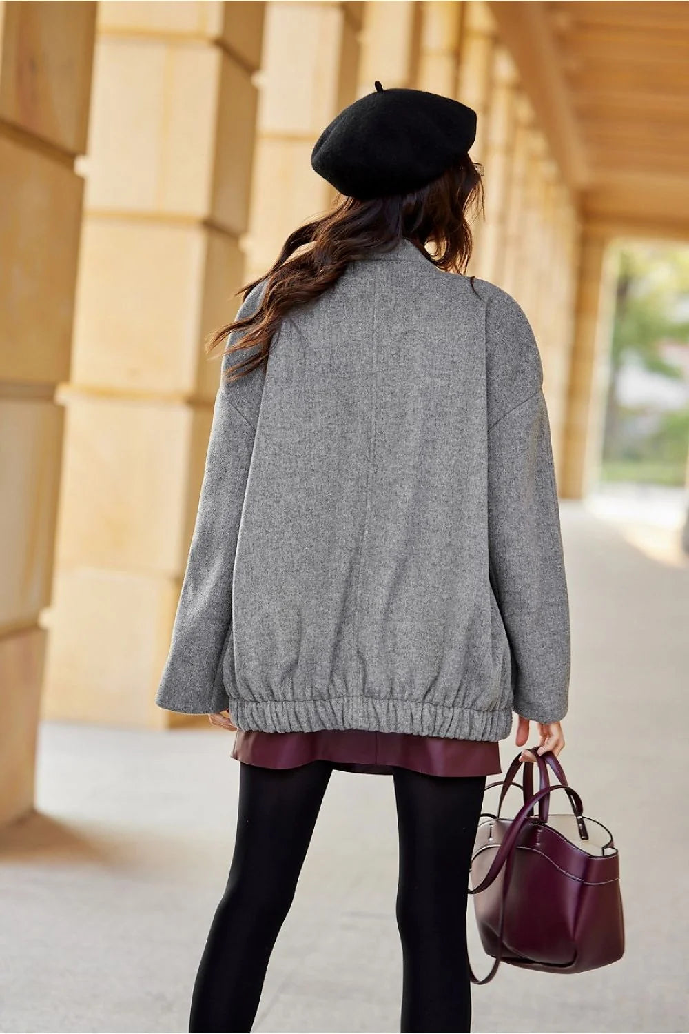veste Roco Fashion femme oversize laine chiné gris col montant gros boutons manches larges poches latérales doublée coupe ample confortable