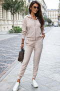 Ensemble casual femme hoodie et joggers beige clair velours élastique manches longues poche kangourou