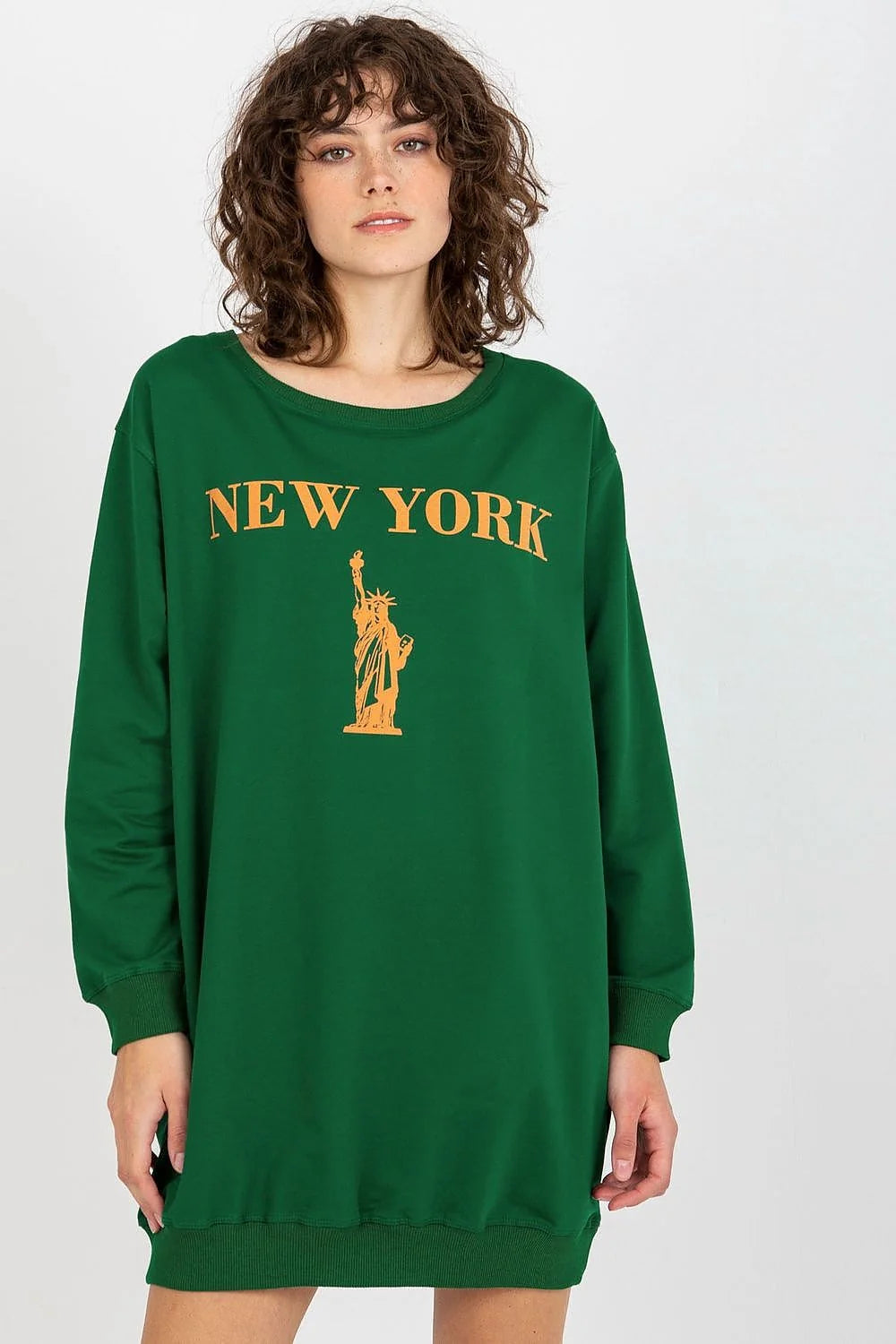 Robe pull oversize femme verte forêt imprimé Statue de Liberté NEW YORK coton polyester elasthanne manches longues col rond