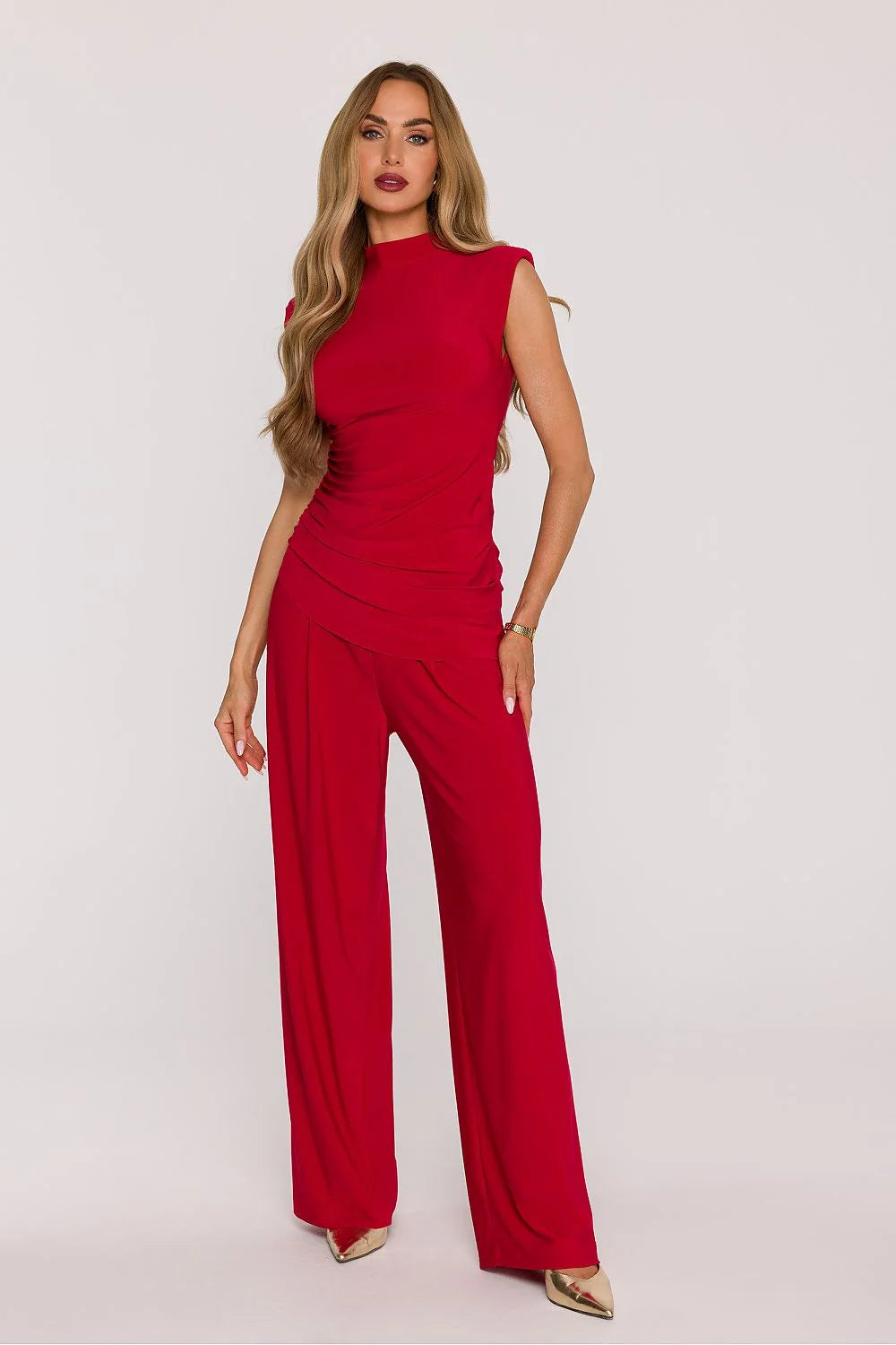 ensemble pantalon top femme rouge col montant sans manches drapé fronces jersey extensible taille haute jambes larges poches