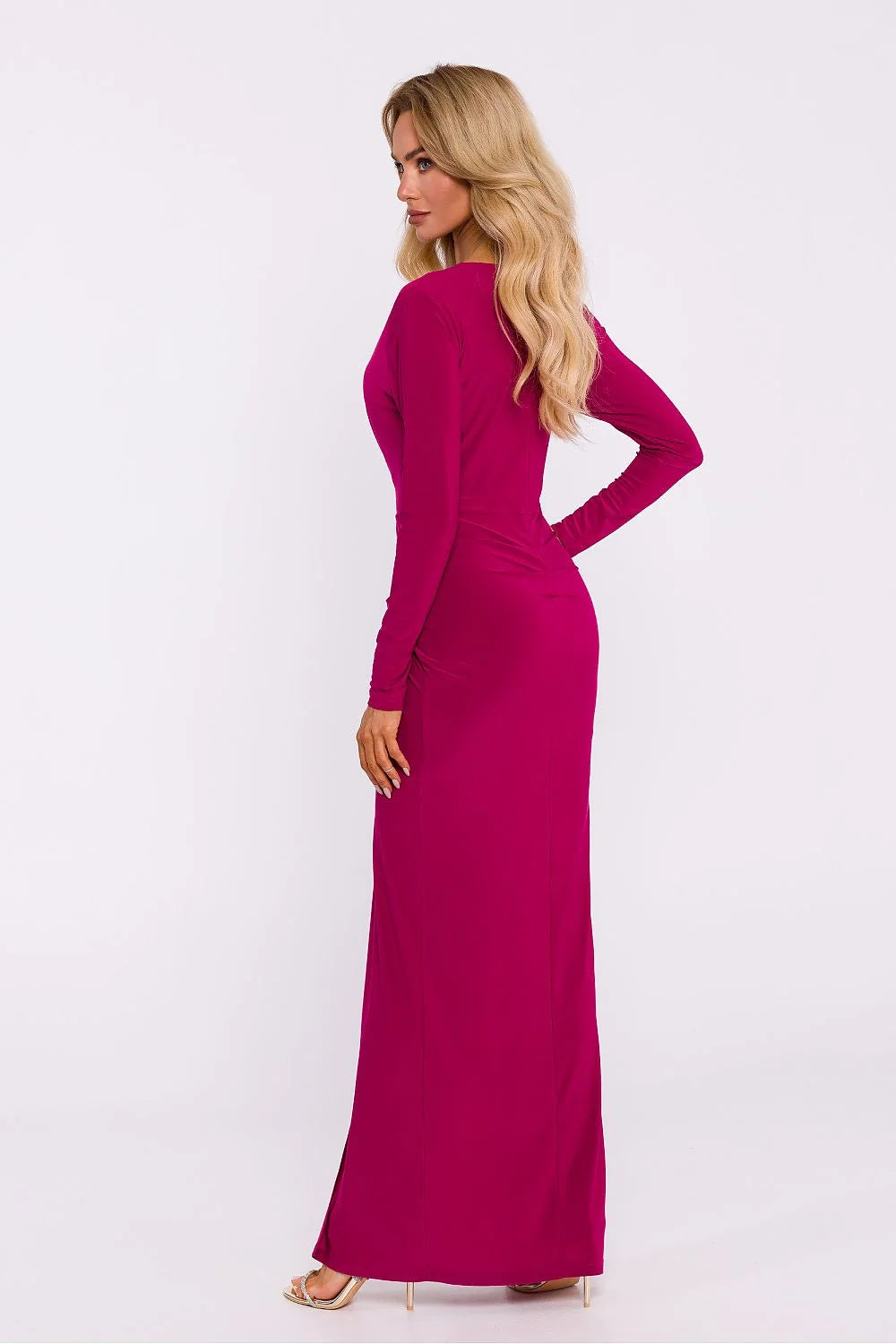 Robe de soirée élégante longue manches longues décolleté en V profond fuchsia vibrant ajustée nœud décoratif femmes occasion spéciale