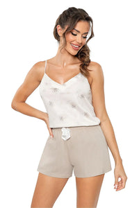 Pyjama femme élégant confortable haut décolleté V bretelles ajustables short jambe longue nœud décoratif floral imprimé tissu doux aéré