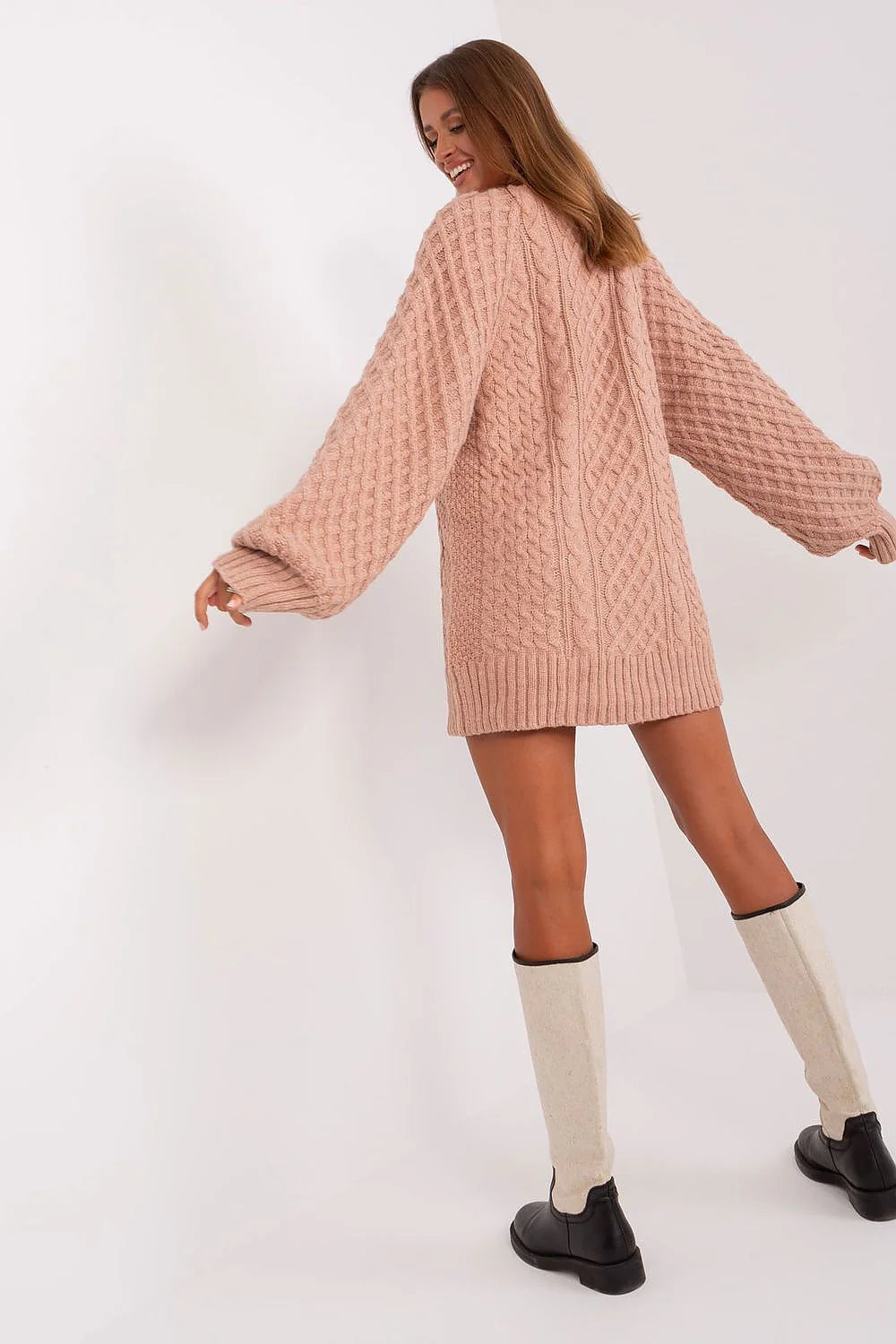 Robe-pull femme mini longues manches maille torsadée laine mélange rose poudré trendy Casual Automne Hiver