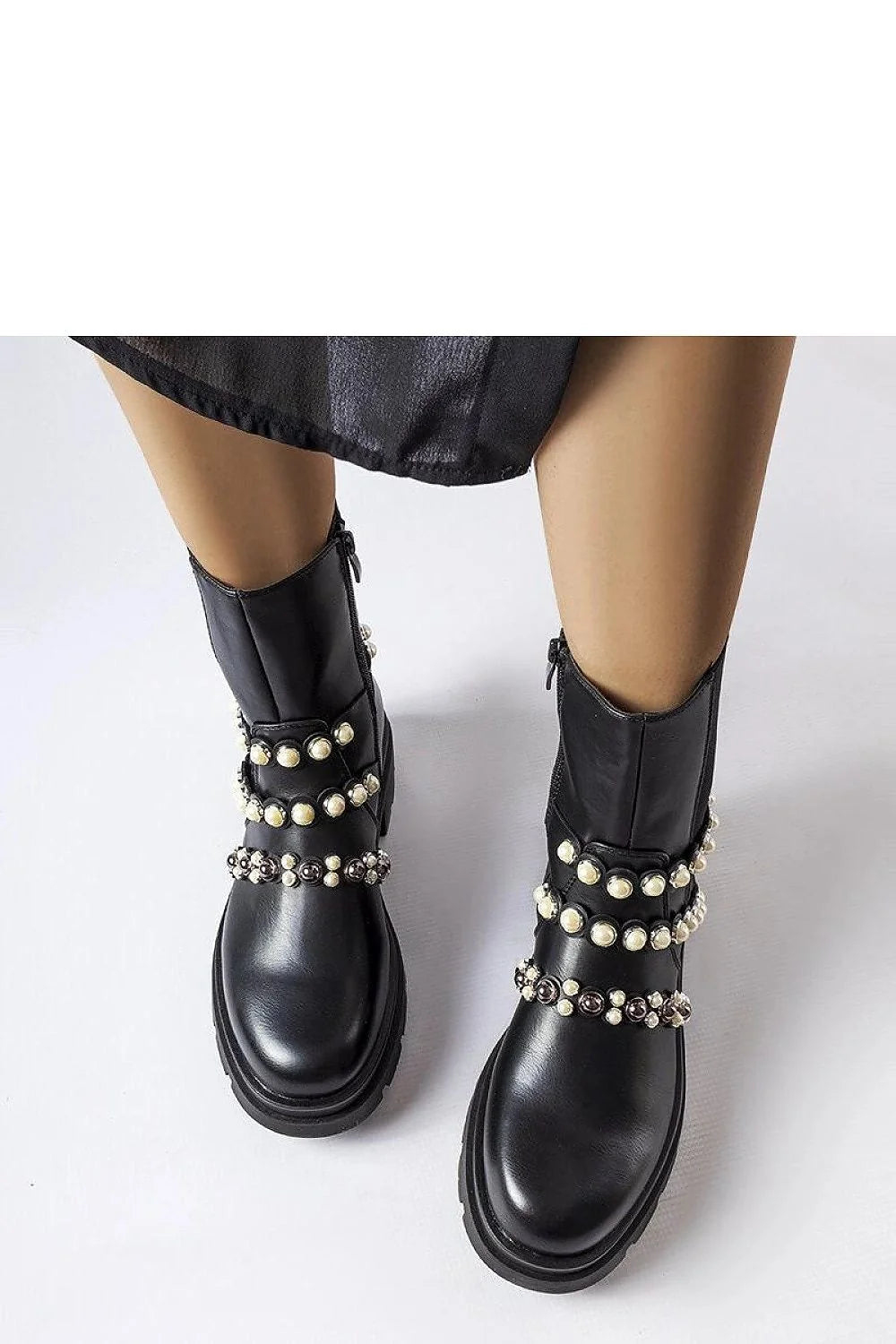 Bottines pour femmes design audacieux moderne cuir noir perles rivets métalliques fermeture éclair latérale hauteur cheville confortable occasion spéciale quotidienne