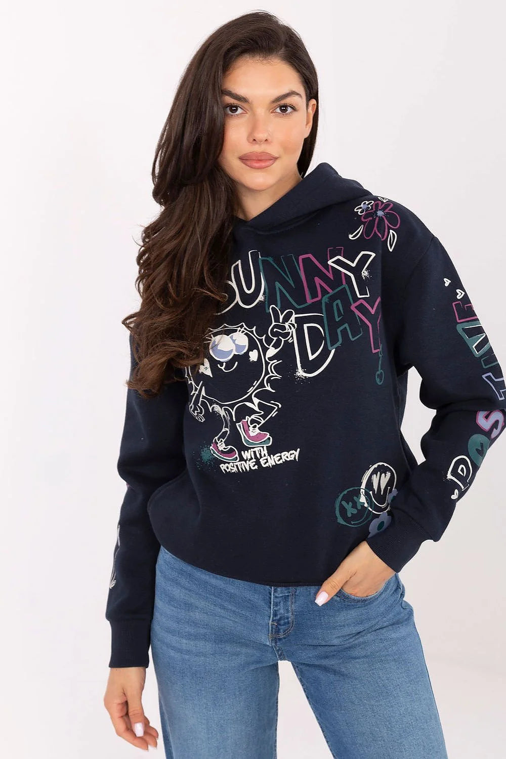 hoodie femme bleu marine oversize coupe droite manches longues molleton epais doux coton polyester imprime graphique multicolore poche latérale