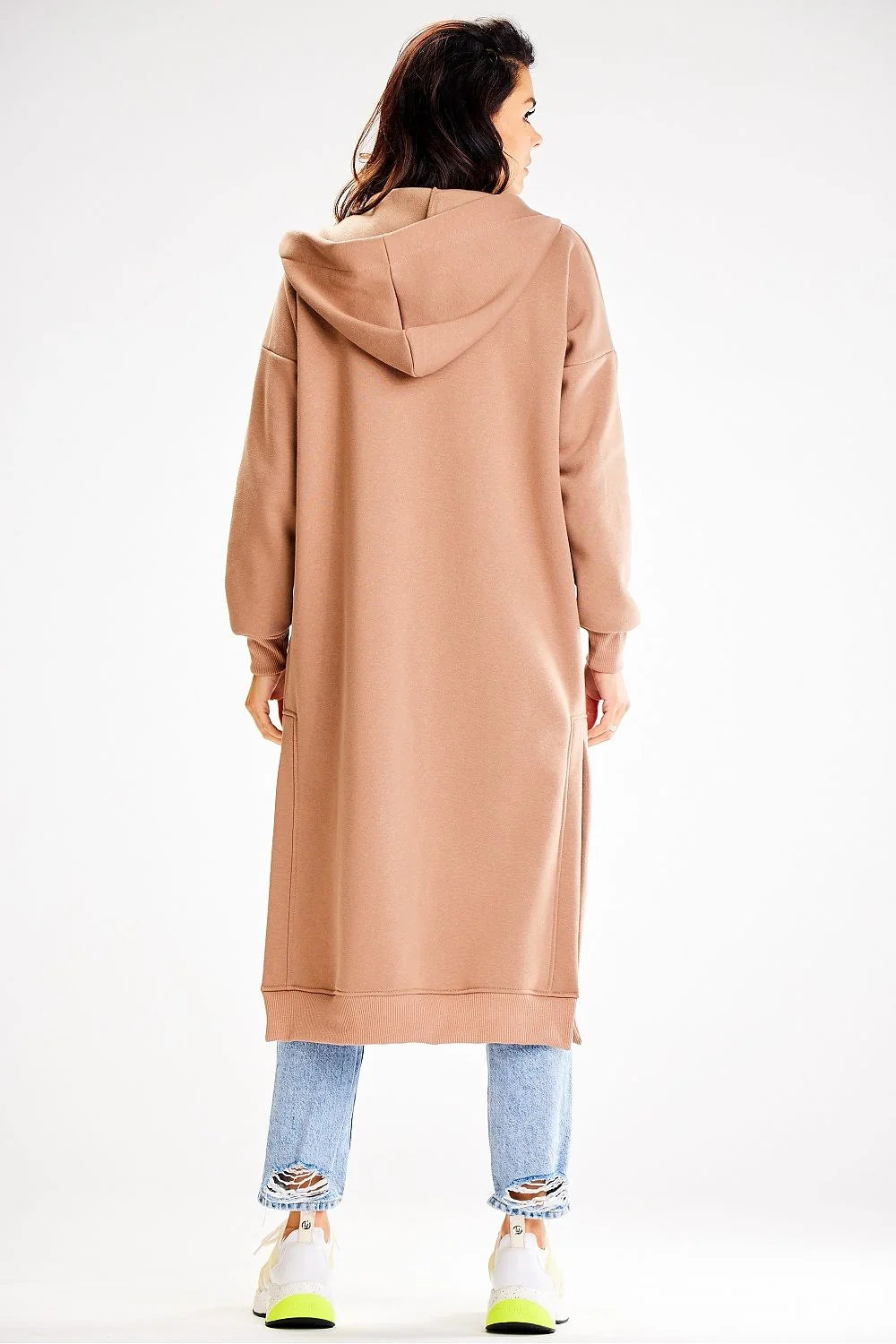Manteau long ample pour femme en fibre synthétique style casual capuche poches beige camel
