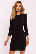 Robe de jour élégante manches 3/4 en tissu synthétique noir coupe ajustée sans doublure pour femme
