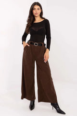 pantalon femme palazzo taille haute velours côtelé marron chocolat coupe large paperbag plissée poches latérales ceinture boucle dorée