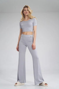 Ensemble deux pièces femme en viscose minimaliste confortable top court pantalon ample gris clair