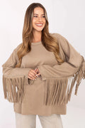 sweatshirt oversize taupe col rond jersey doux coupe ample hanches manches longues franges suédine clous argentés bohème viscose