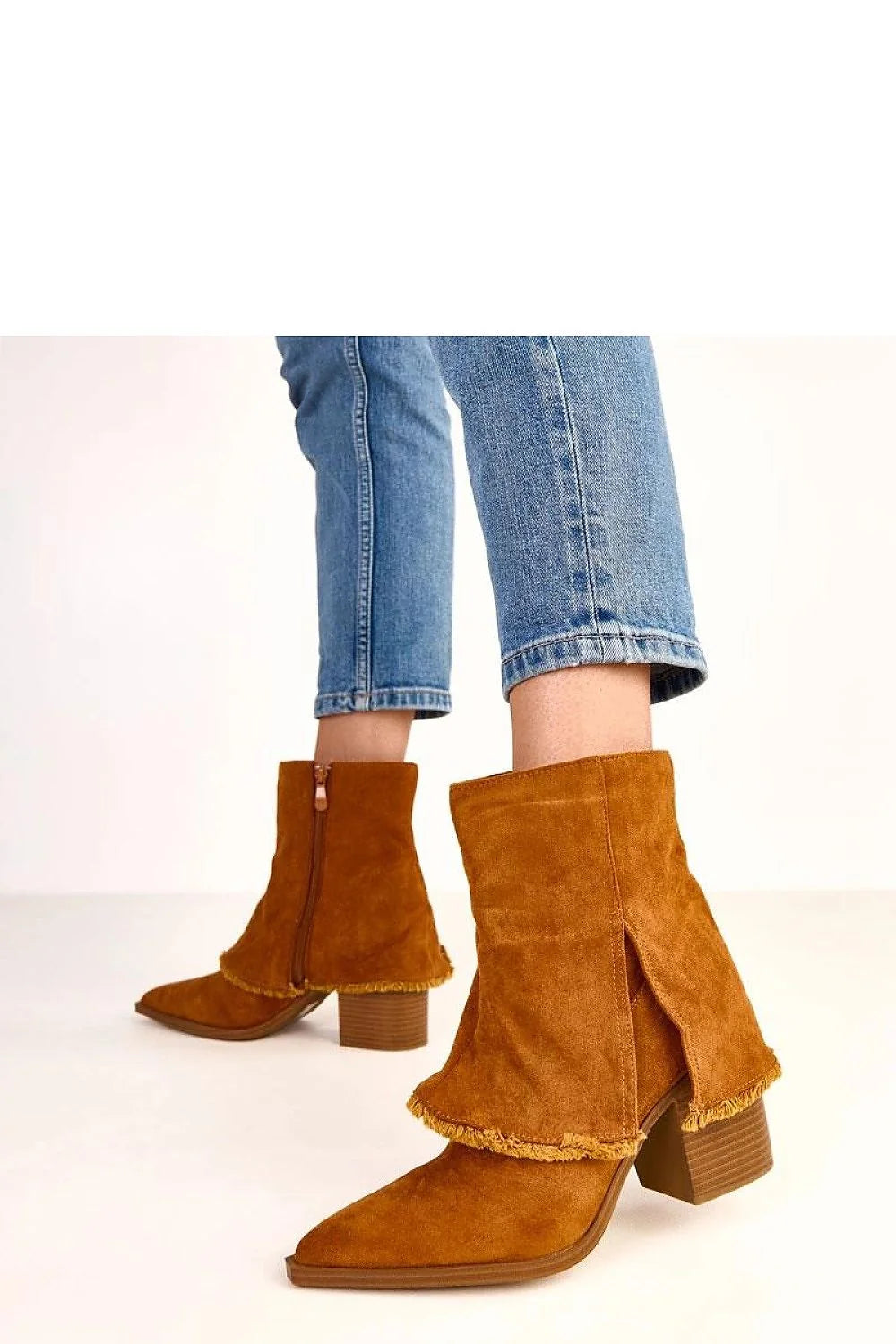 bottines femme suédé cognac écologique chevillière fendue frangée superposée bout pointu talon 9cm empilé zippée semelle robuste confort