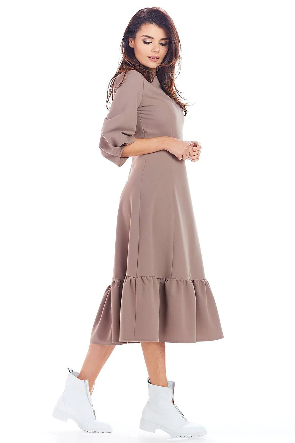 Robe midi élégante taupe ample en coton pour femmes style chic manches trois-quarts polyvalente
