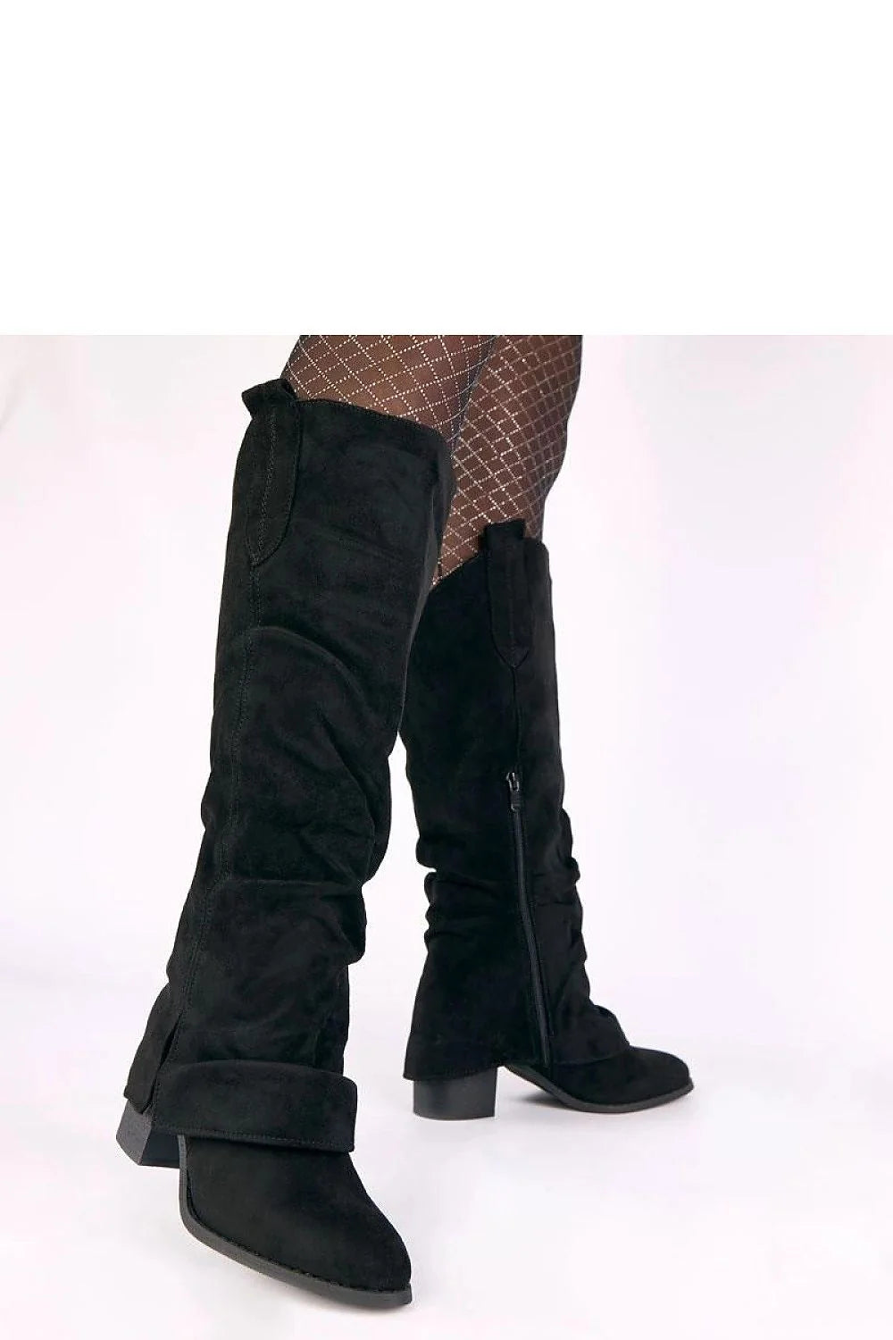 bottes femme tige39cm suédine cuir écologique revers froncé bout rond talon7cm bloc rembourré fermeture éclair doublure tissu confortable
