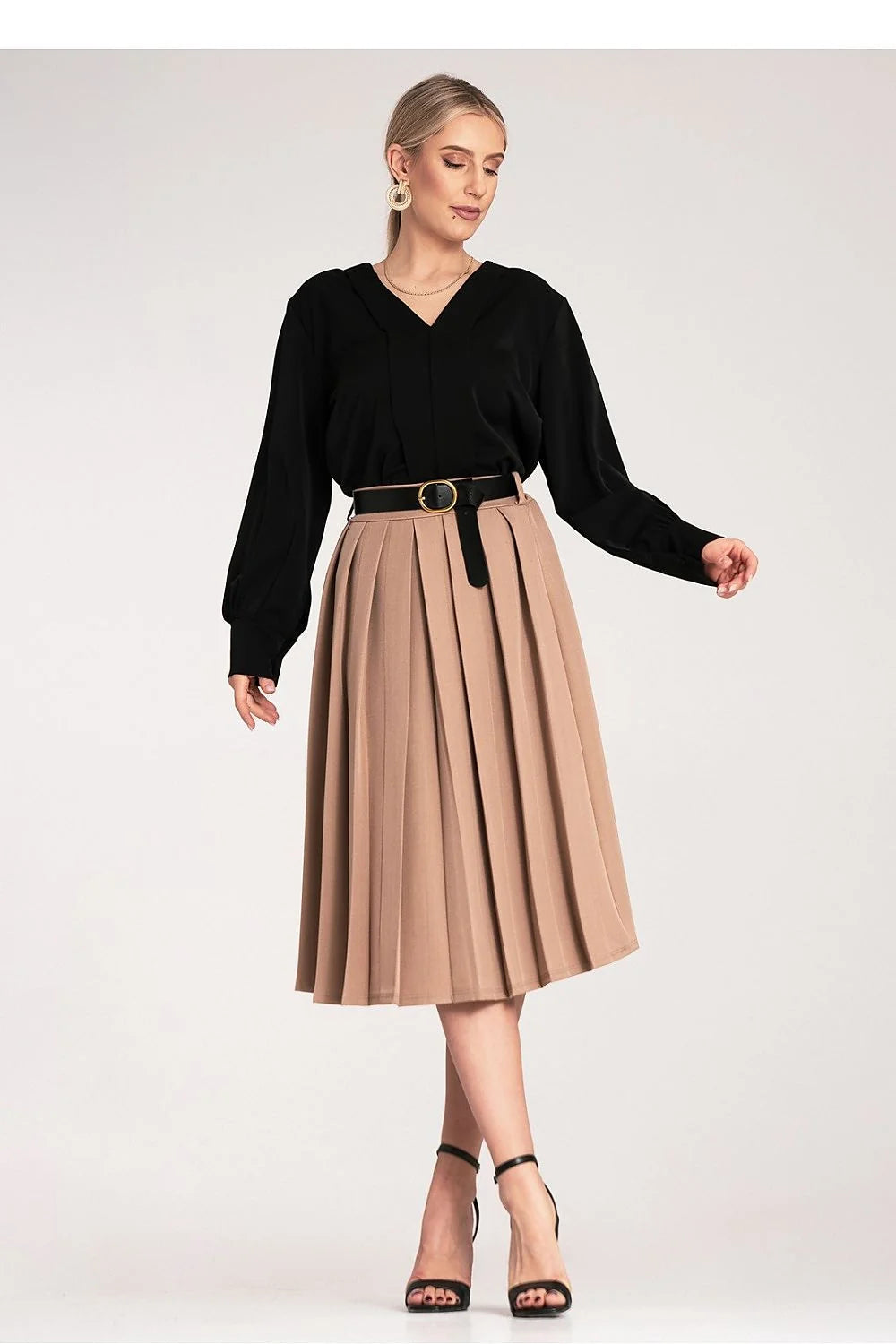 Jupe plissée élégante longueur midi taille haute ceinture noire femme polyester elasthanne robe professionnelle occasion formelle