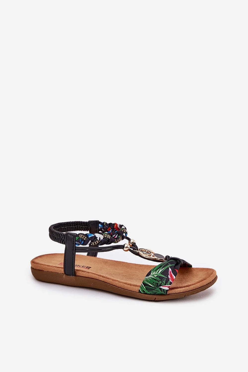 Sandales pour femme style gladiateur imprimé tropical lanières tressées bijoux métalliques confort semelle épaisse été tendance mode