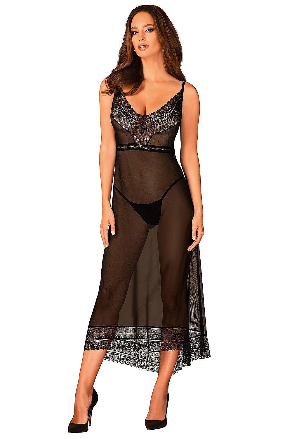 nuisette sexy longue asymétrique dentelle tulle noir épaules nues encolure V bretelles fines réglables taille empire