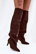 cuissardes femme suédine marron chocolat tige haute slouchy couture verticale discrète bout pointu talon aiguille mihaut élancé veloutée automne hiver