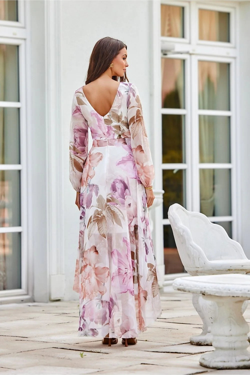 robe asymétrique longue maxi fleurie estivale romantique manches longues bouffantes ceinture taille nouée décolleté croisé chiffon mousseline doublée fluide