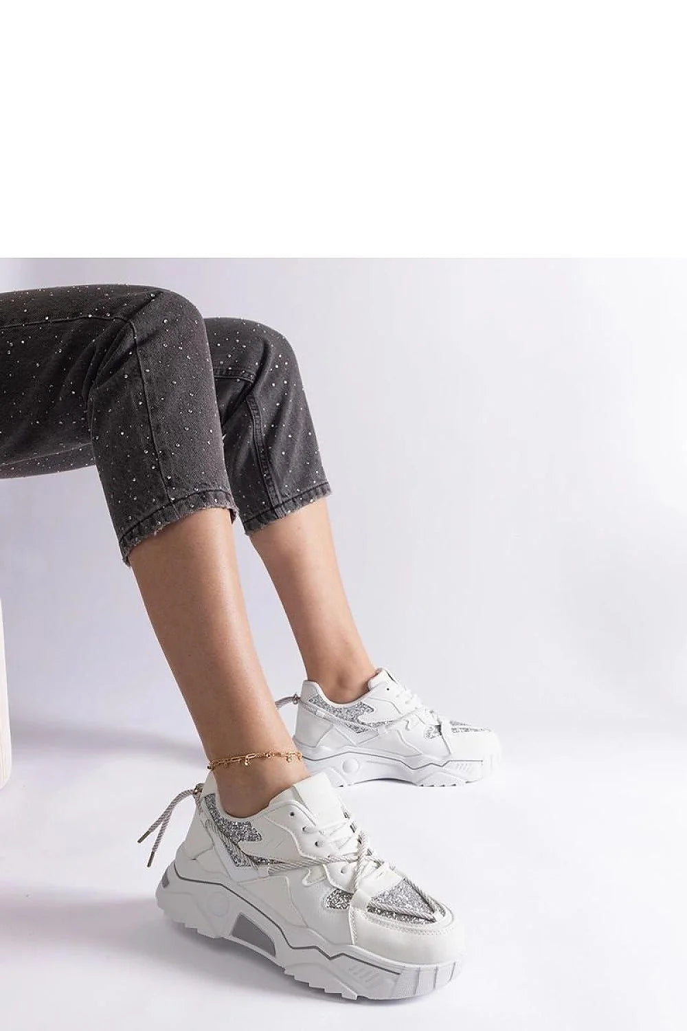 Sneakers Solea femme chunky basses semelle plateforme épaisse crantée cuir similicuir blanc empiècements argentés pailletés col rembourré laçage plat confortable