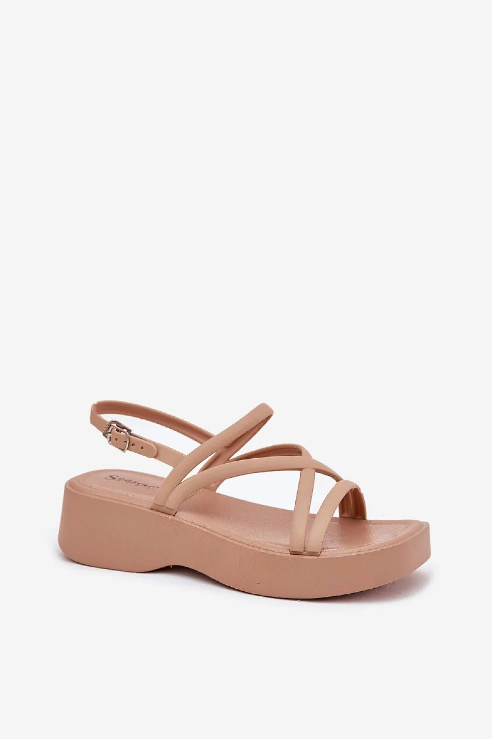 sandales plateforme beige lanières fines minimaliste confortable estival synthétique simili cuir semelle matelassée antidérapante bride cheville boucle dorée