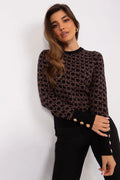Pull pour femme élégant Chandail AT monogrammé manches longues col rond boutons dorés noir beige ajusté