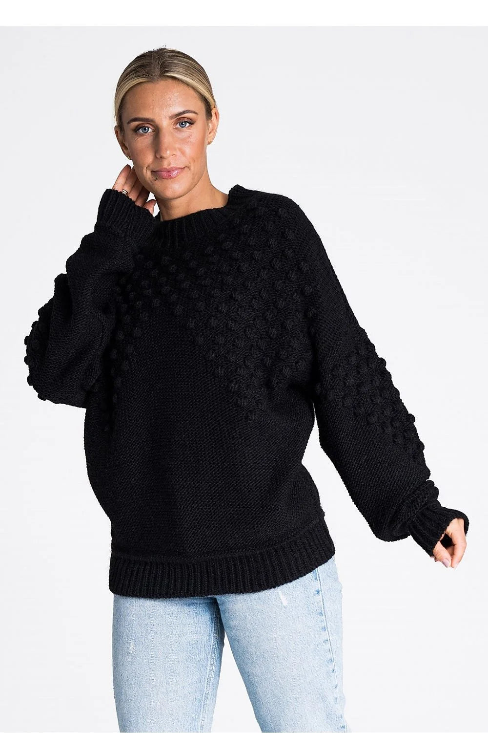 Pull Chandail Figl pour femmes, design moderne texture manches longues motifs en relief élastique noir acrylique nylon confort style