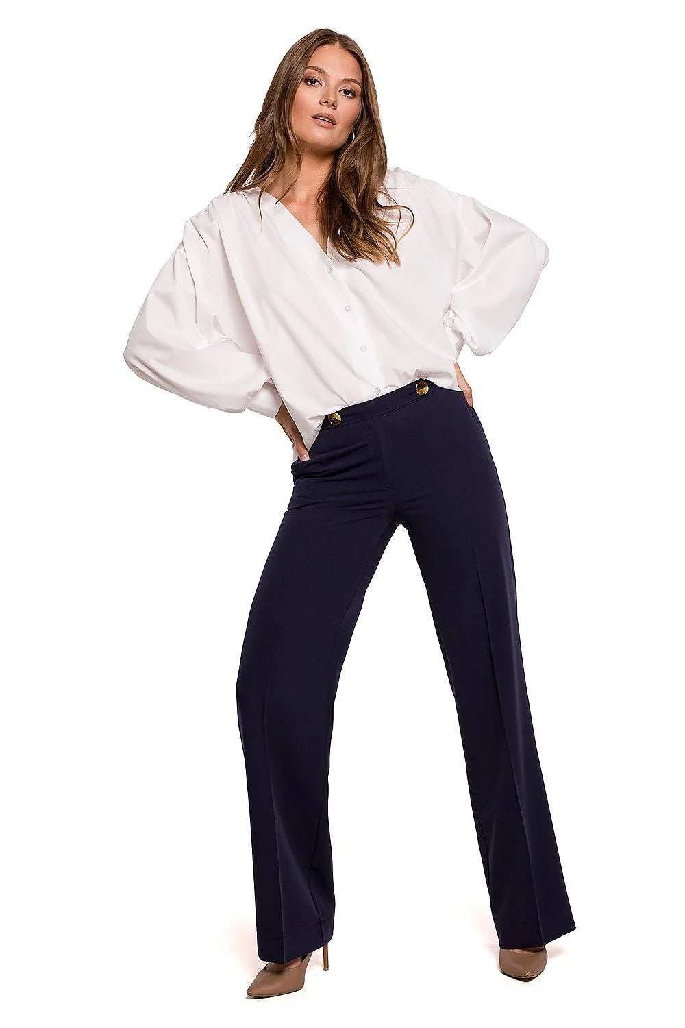 Pantalon Makover long droit taille haute structuré stretch élasthanne polyester rayon confortable ajusté élégant professionnel intemporel boutons dorés ourlets